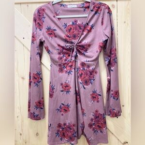 ❤️‍🔥Socialite Dusty Mauve Vegan Soft Leather Red Floral Butterfly Sleeve Dress